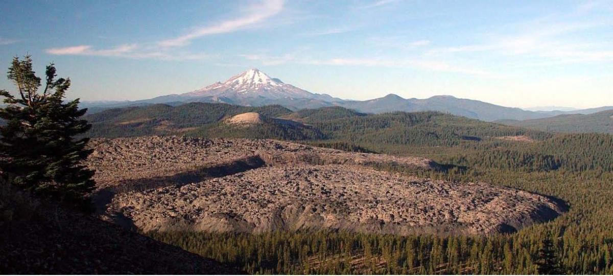  Little Glass Mountain obsidian flow (foreground) erupted around 1000 years ago; Mount Shasta’s (background) last eruption was in 1786. The last major eruption in California was Mount Lassen in 1915.